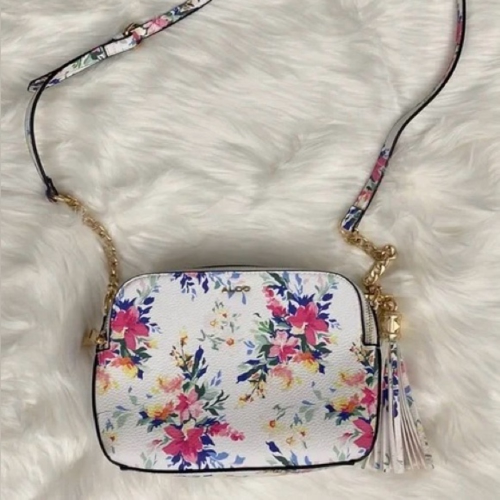 Aldo White Floral Crossbody Bag with Gold Accents